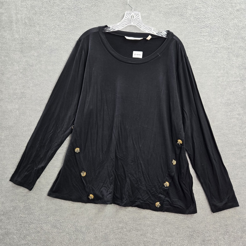Soft Surroundings Women Top Shirt 1X Black Button Round Neck Long Sleeve Tee
